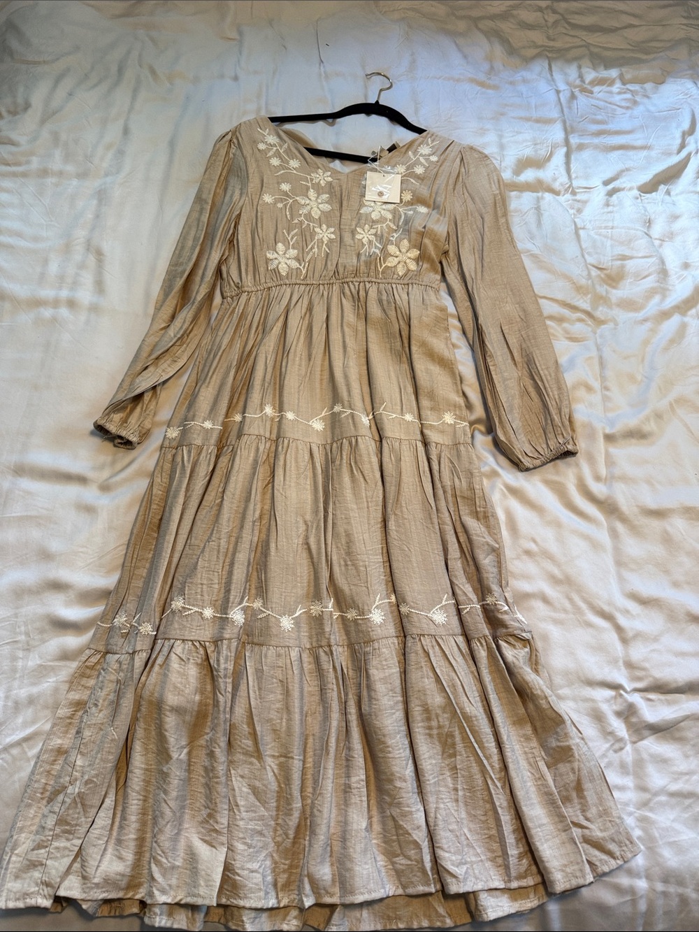 Hayden Taupe Maxi Dress with White Floral Embroidery